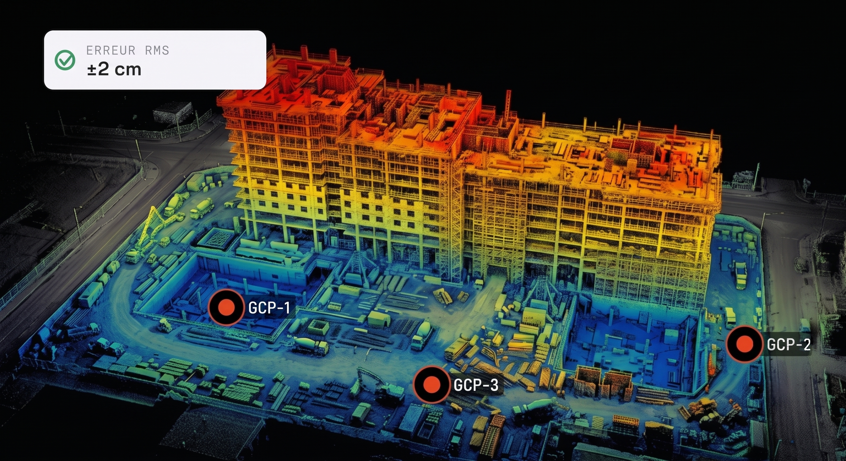 Nuage de points d'un bâtiment en chantier avec points de contrôle GCP et précision RMS
