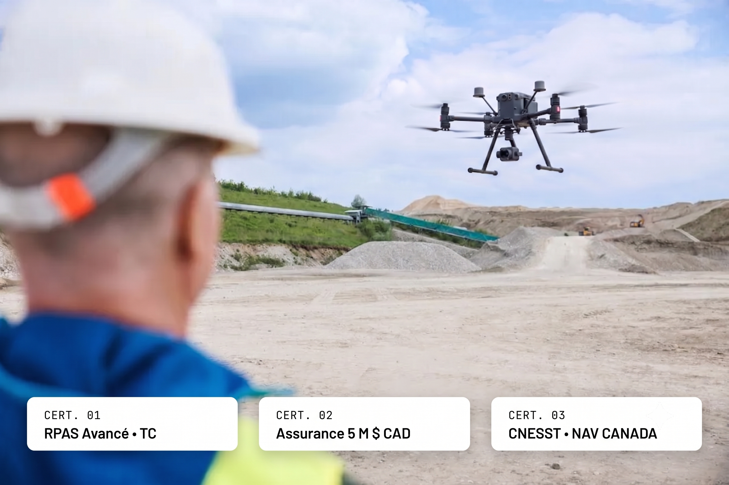 Pilote de drone certifié survolant un chantier en conformité réglementaire