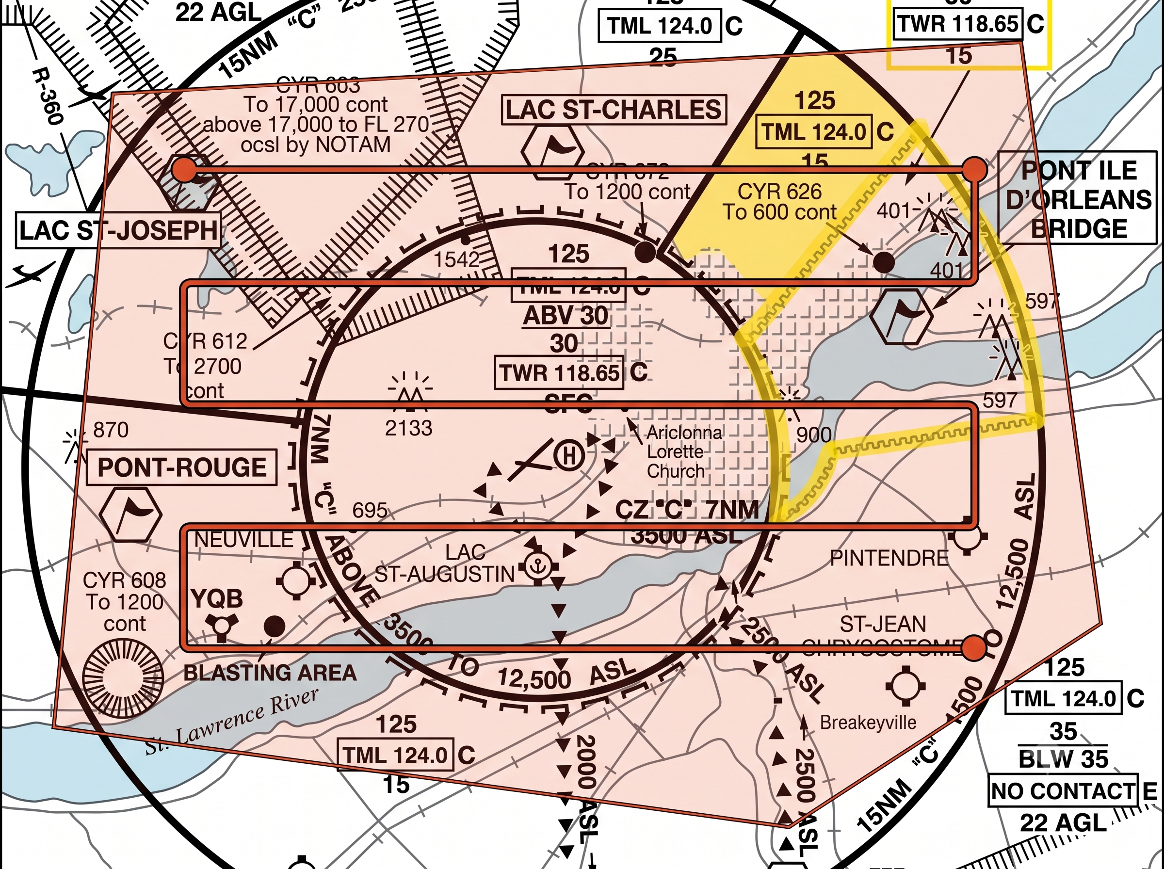 Flight planning map for controlled CYQB airspace